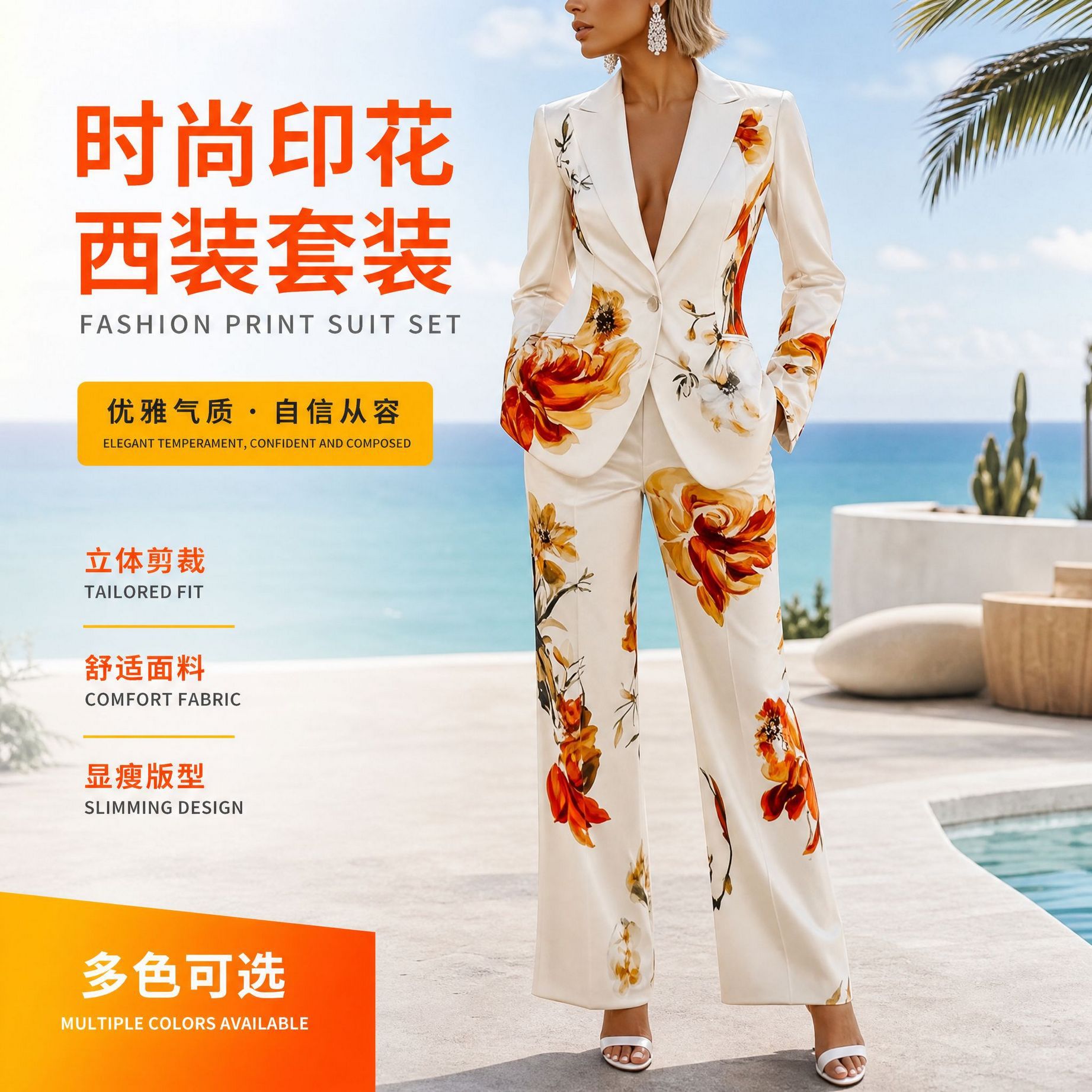 New cross-border style women's youth trendy elegant and sophisticated printed suit set with one button, high-end casual suit.