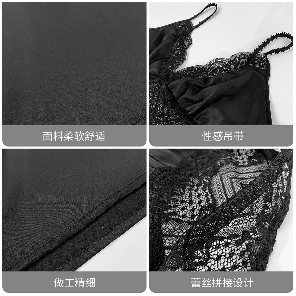 Camisón de encaje negro de las mujeres pijamas sexy verano de las mujeres correa de seda de hielo fino con cuello en V Falda corta vestido de desgaste para el hogar