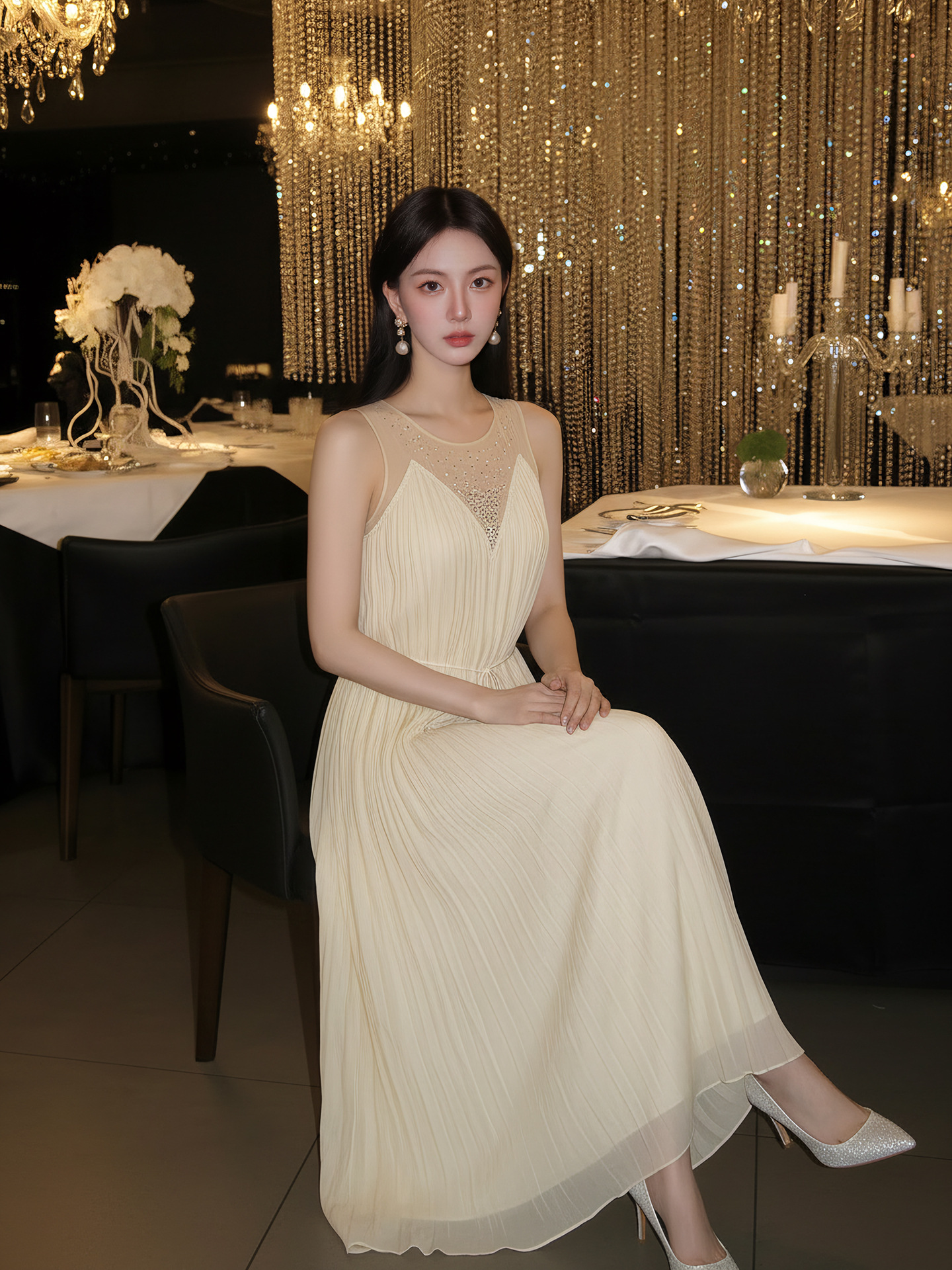 Đầm maxi nữ thắt eo không tay, cổ tròn, phối ren và vải lưới đính đá, tay áo xếp ly bồng — màu nâu, màu mơ