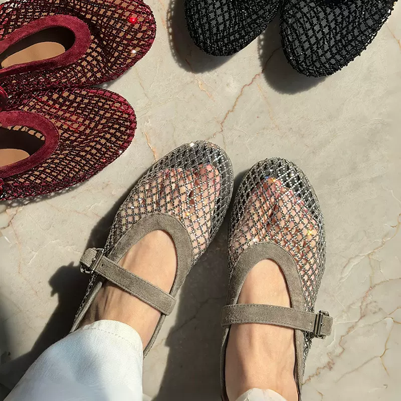 羊皮版镂空水钻包头凉鞋女2026新款夏季渔网鞋透气编织玛丽珍单鞋