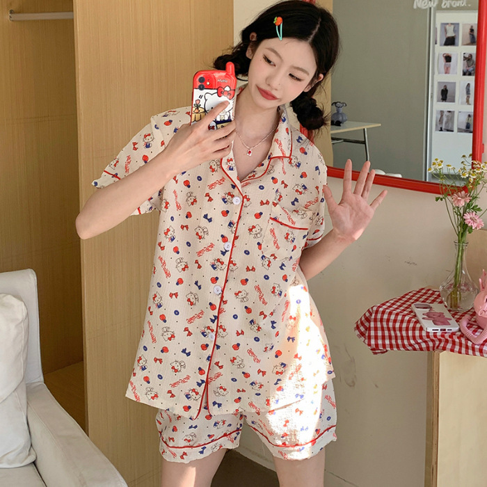 睡衣女夏季梭织泡泡棉皱布ins公主风可爱短袖夏天薄款家居服套装|undefined