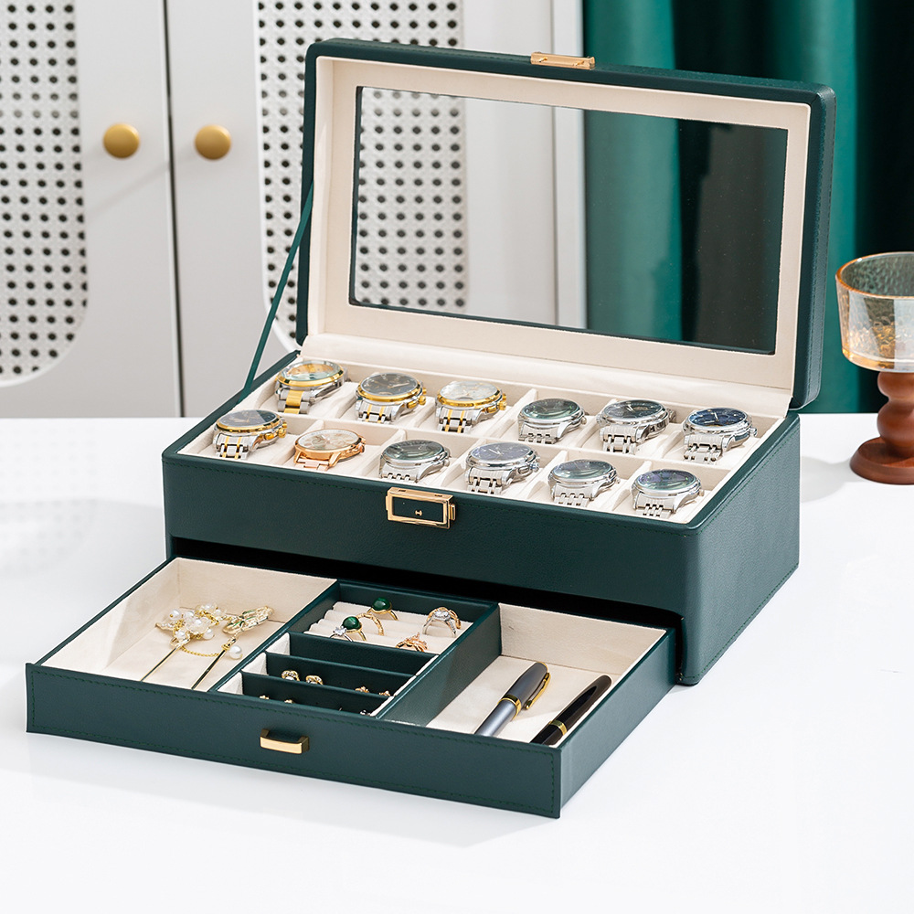 Caja de reloj de gama alta con patrón de lichi nuevo negro y verde 3 dígitos 6 dígitos 12 dígitos reloj de doble capa caja de almacenamiento de joyas