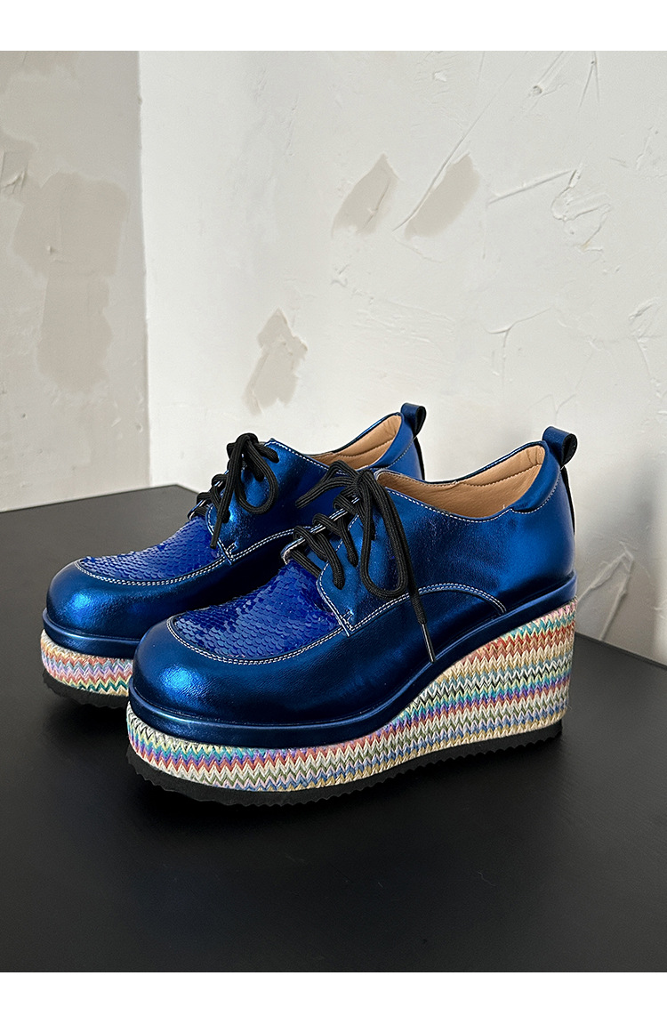 Giày loafer nữ đế xuồng cao gót 9 cm, phối đế cói, dây buộc, phối sequin lấp lánh — màu vàng, xanh lam chi tiết 13