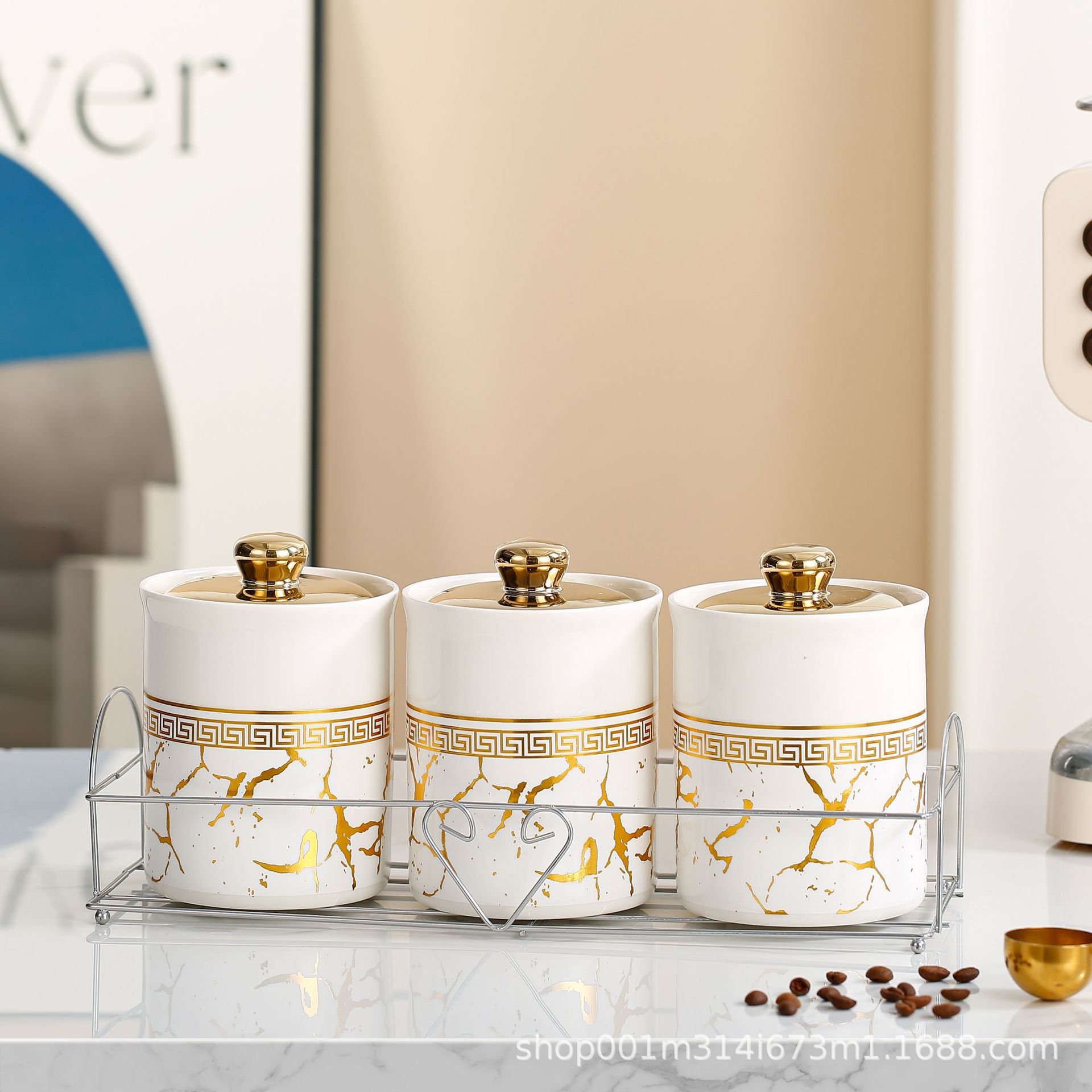 Tanque de sellado de cerámica exportado transfronterizo tanque de almacenamiento cubierta de madera tanque de almacenamiento de té de cocina condimento lata de café set