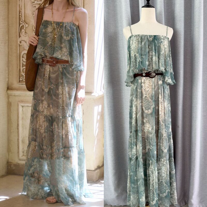 In Stock/P.Tre Forest Shadow Vintage Oil Painting Style Printed Strapless Dress In Stock/P.Tre Forest Shadow Vintage Oil Painting Style Printed Strapless Dress