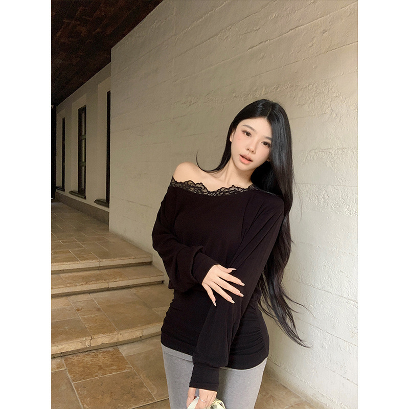 Moses Queen/魔西女王纯欲风露肩蕾丝拼接女春收腰长袖蝙蝠袖上衣|undefined