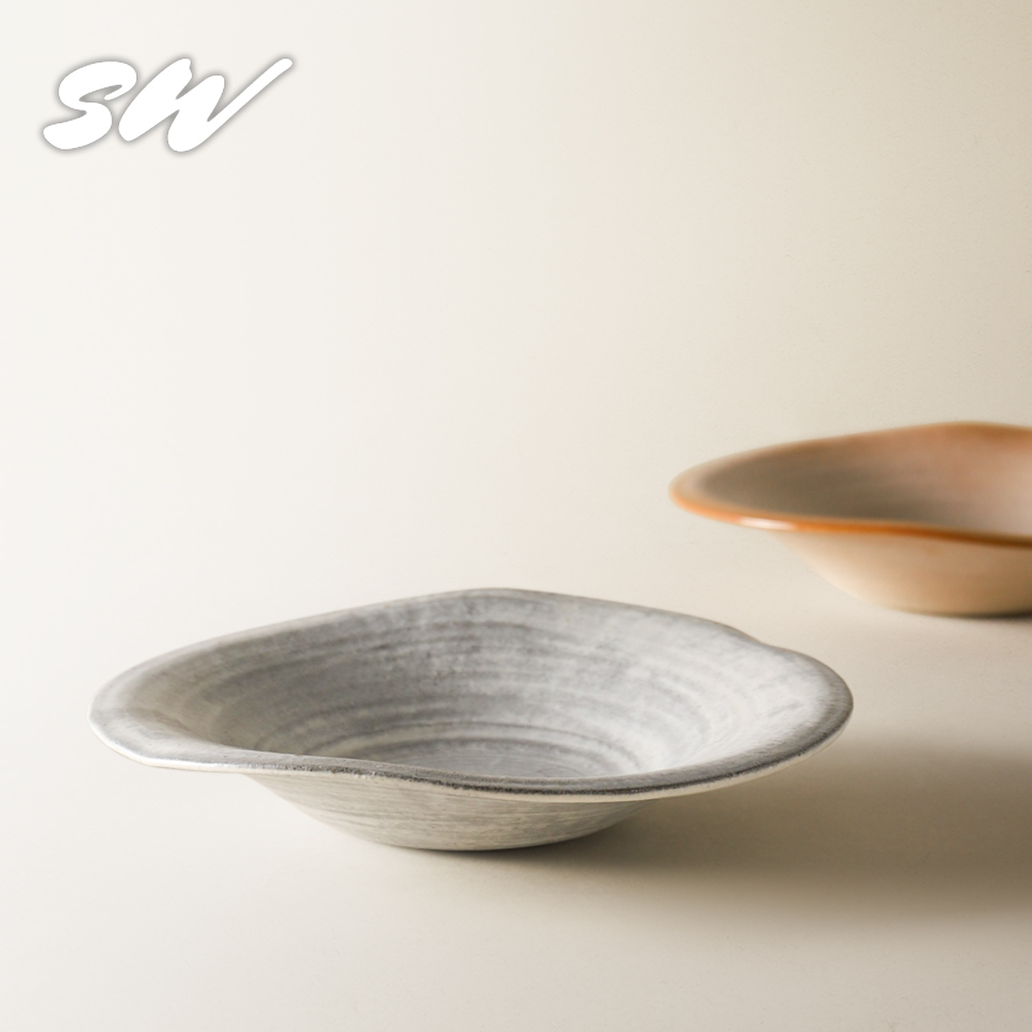 Sanwu Japanese Ceramic Western Dinner Plate Creative Household Asymmetrical Dish Plate Handmade Retro Threaded Steak Plate Dessert Plate