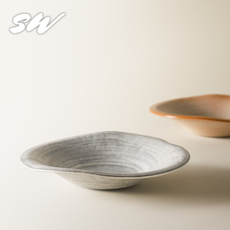 Sanwu Japanese Ceramic Western Dinner Plate Creative Household Asymmetrical Dish Plate Handmade Retro Threaded Steak Plate Dessert Plate