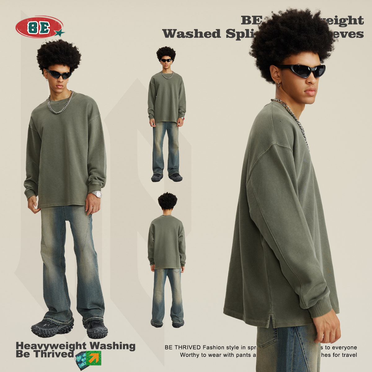 Ropa para Hombre BE | Camiseta de Manga Larga Extra Grande de 460G Lavada, Estilo Retro Americano, Holgada y con Abertura Lateral para Hombre, Otoño/Invierno 2025