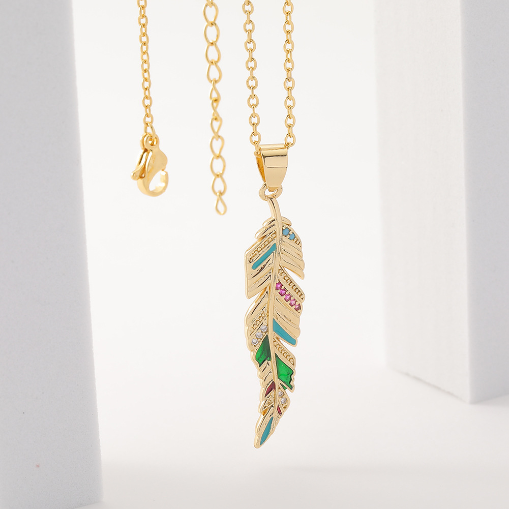 fashion copper micro-inlaid zircon pendant leaf feather necklace female
