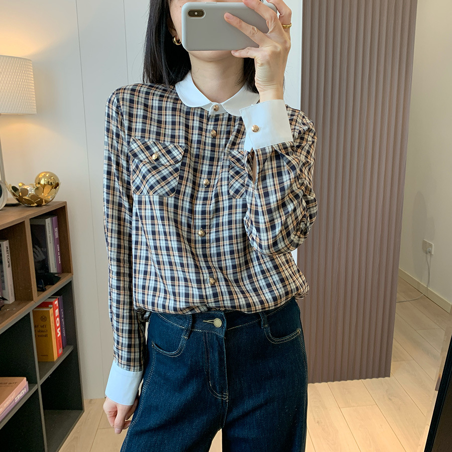 M1U Department College Style Silk Cotton Age-reducing Contrast Color Small Lapel Buckle Retro Plaid Long Sleeve Shirt 25 Spring