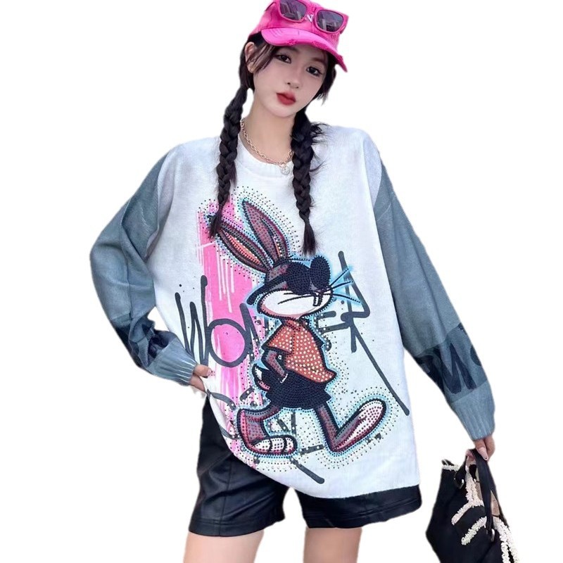 2024 otoño e invierno nuevo estilo de la industria pesada impresión de dibujos animados suéter de conejo diseño femenino suéter de moda suelto top de punto