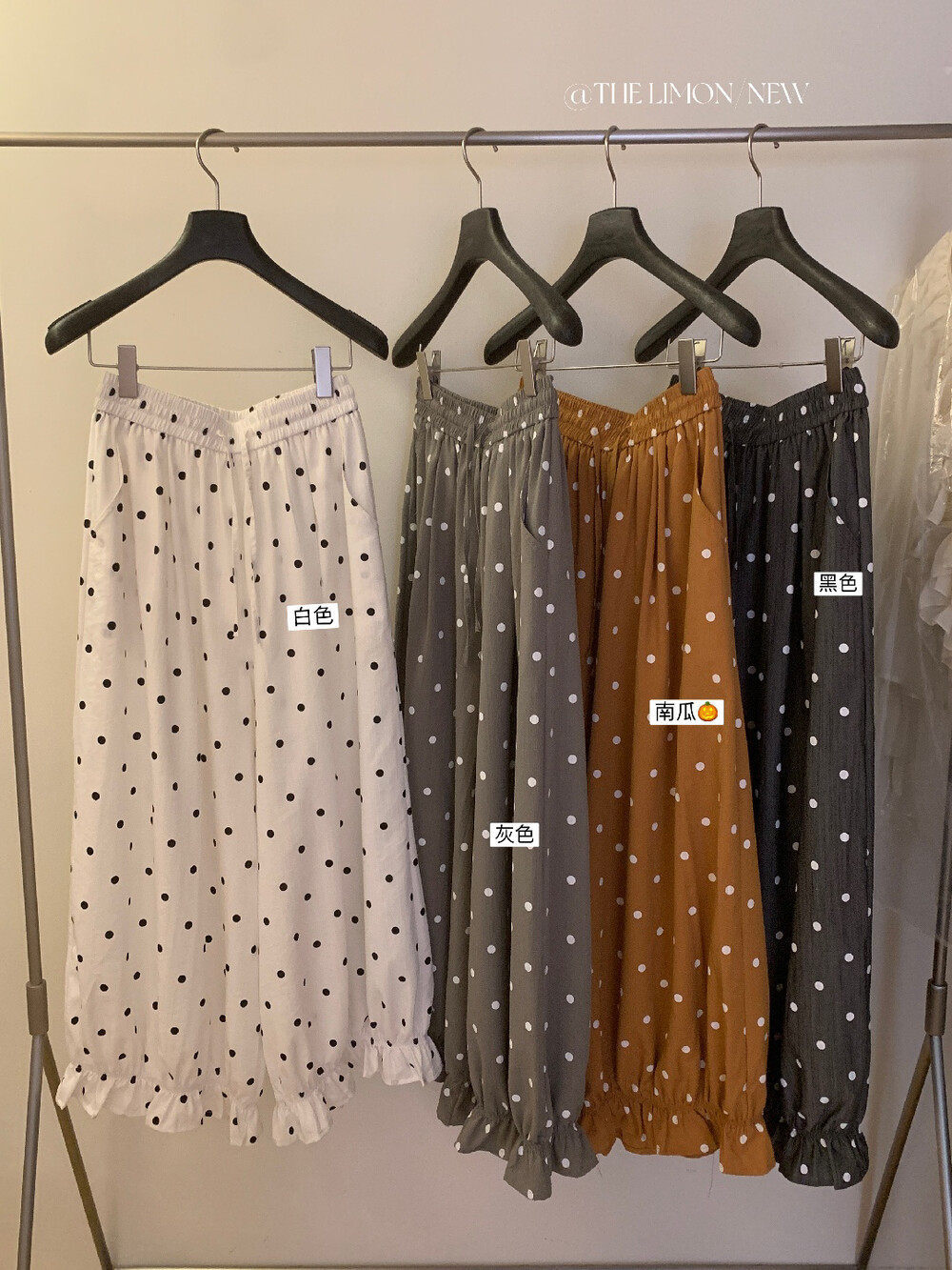 Quần culottes nữ ống rộng chấm bi phong cách vintage, cạp chun, dáng suông rộng thoải mái — màu đen, Màu bí ngô, màu trắng, màu xám chi tiết 4