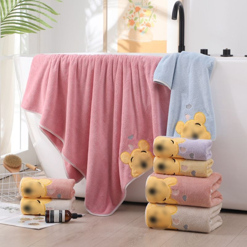 Coral Velvet Thickened Bath Towel Embroidered Winnie the Pooh Towel Bath Towel Set Household Towel Children's Cartoon Bath Towel