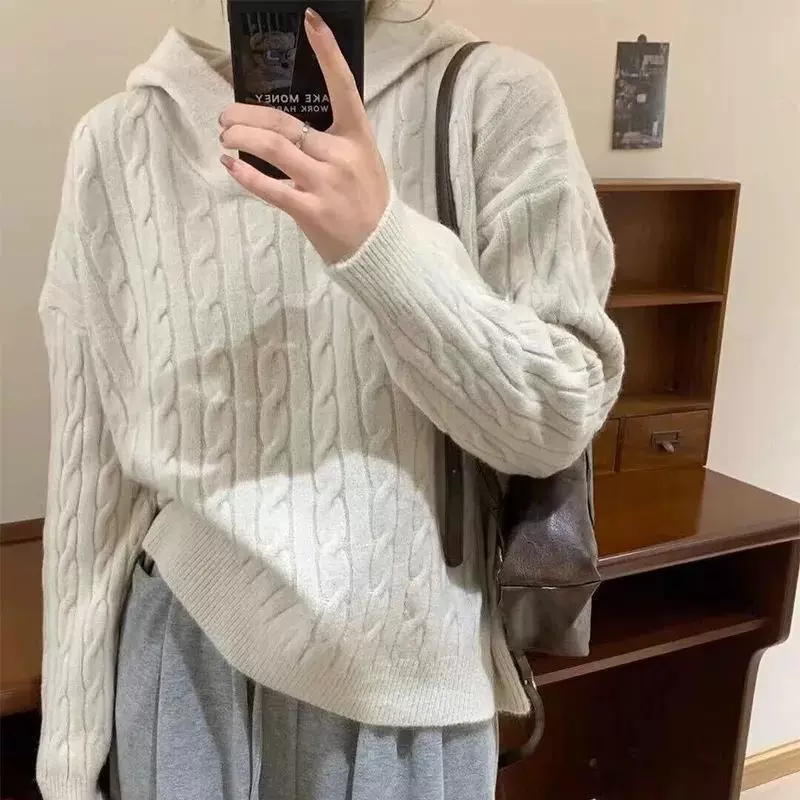 韩系慵懒风连帽麻花毛衣女秋冬新款感内搭针织衫软糯套头上衣