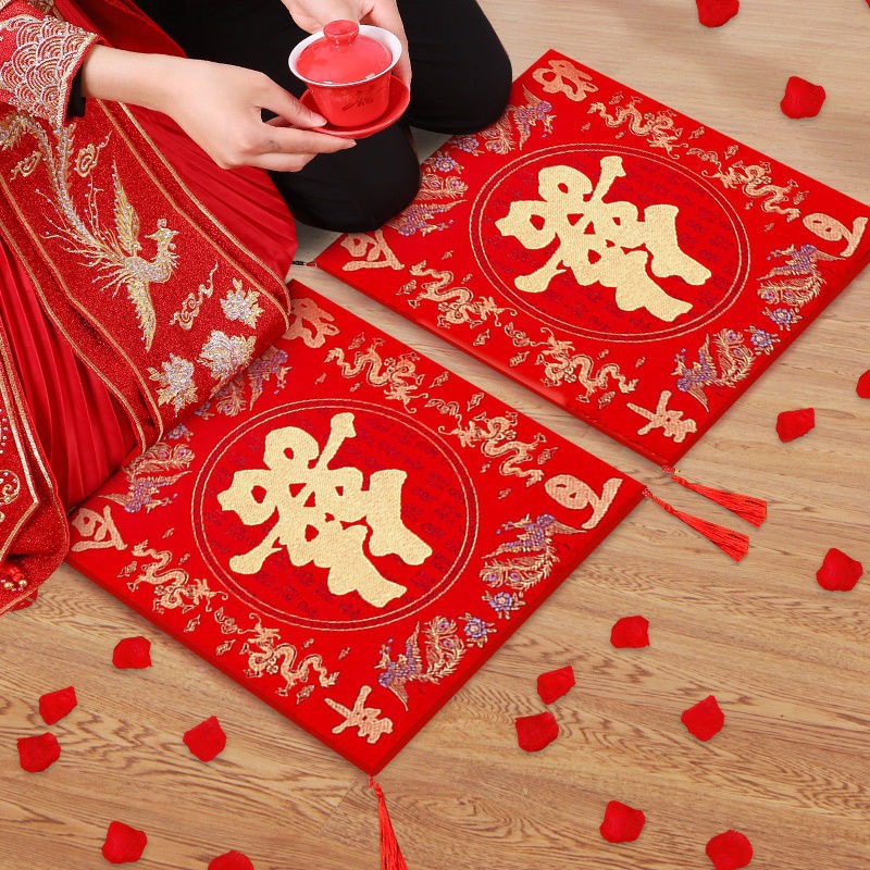 1 pair of imitation silk tea ceremony kneeling mats [Dragon and Phoenix Double Happiness]