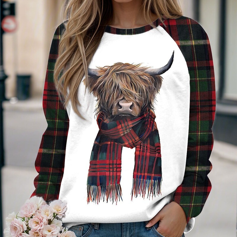Women's pullover Plaid cat sportswear fun holiday print casual sports round neck long sleeve top autumn and winter