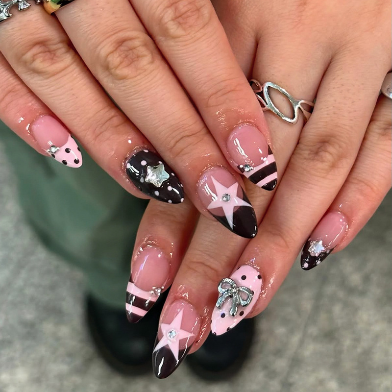 Cool Millennial Hot Girl Almond-Shaped French Style Press-On Nails with Black and Pink Color-Blocking Polka Dots, Ready-To-Wear Nail Tips Wholesale Cool Millennial Hot Girl Almond-Shaped French Style Press-On Nails with Black and Pink Color-Blocking Polka Dots, Ready-To-Wear Nail Tips Wholesale