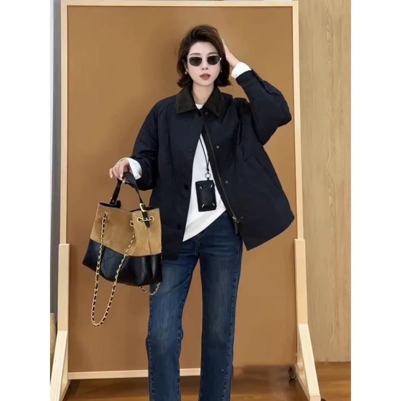 韩版翻领菱格棉服外套女2025秋季新款宽松休闲小个子夹棉轻薄棉衣|undefined