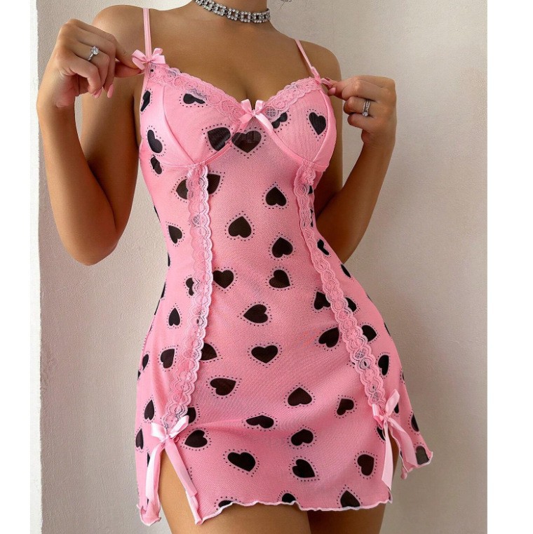 2025 New Sexy Home Set with Heart Print Cute Nightgown and Thong Two-Piece Pajamas 5014