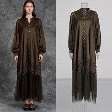 纯色缎面灯笼袖连衣裙2025秋季新款女装蕾丝网纱拼接复古宽松长裙