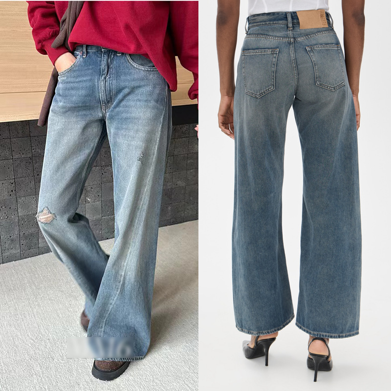 Spring and Summer New European and American M6 Same Style Tencel Thin Mid-Waist Twisted Leg Distressed Loose Ripped Micro-Flared Jeans for Women
