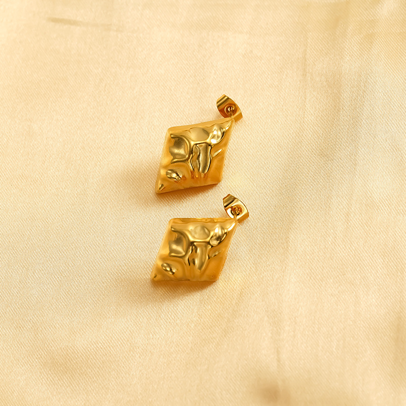 Gold Stainless Steel Hammered Prismatic Stud Earrings Minimalist_voghion.com