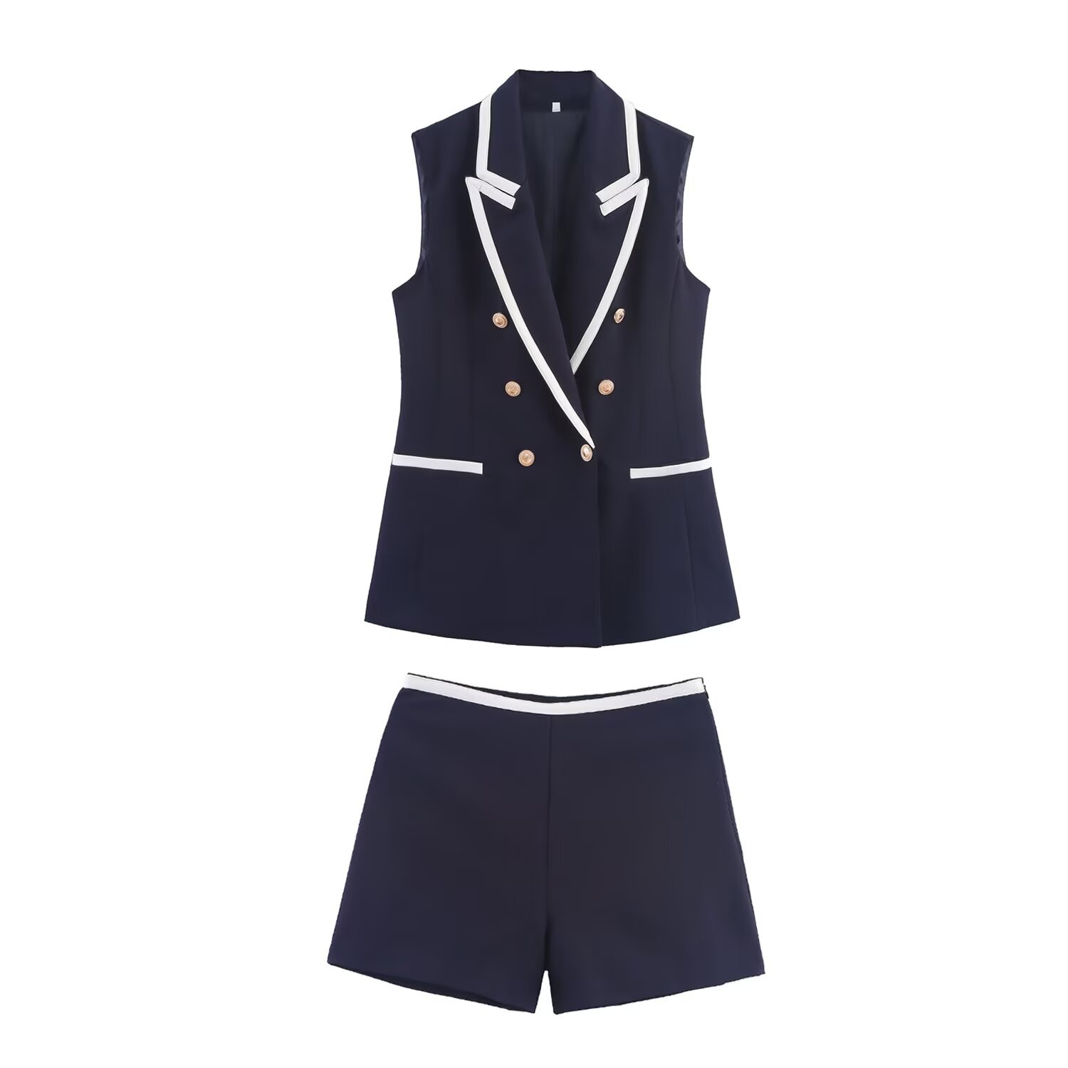 ZA Comercio Exterior Ropa de mujer europea y americana 2025 Nuevo estilo verano Blazer con solapa y bloques de color Chaleco Pantalones cortos_voghion.com