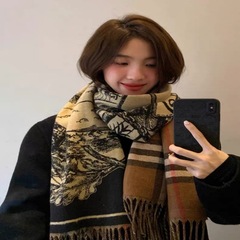 加厚款战马格子双面仿羊绒围巾女秋冬季新款流苏保暖外搭披肩围脖