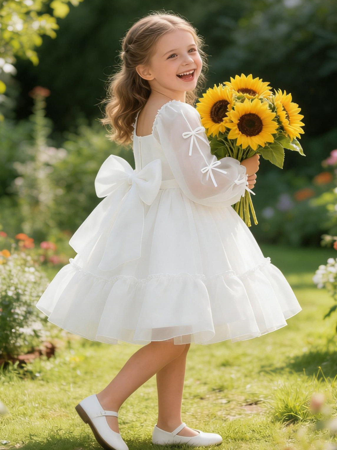 2026 vestido de niñas de mangas largas vestido de princesa flor de boda vestido de arco de cinta vestido de cumpleaños
