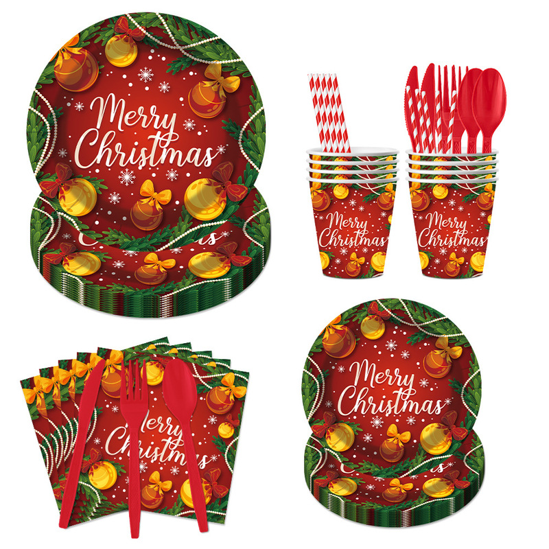 New Christmas Themed Party Supplies Disposable Paper Bowls, Paper Plates, Dessert Plates, Round Plates, Decoration and Arrangement Set