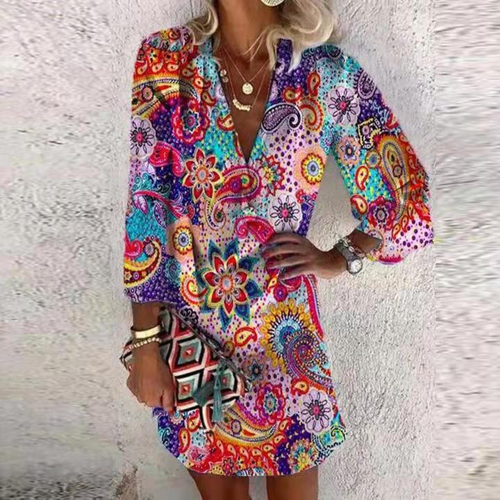European and American Cross-border Platform Summer V-neck Hanging Long-sleeved Printed Beach Bohemian Short Loose Dress for Women
