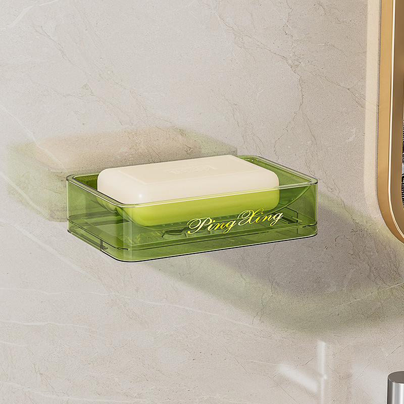 [Caja de jabón transparente gruesa] caja de jabón de doble capa PET de lujo ligero baño montado en la pared estante de jabón de drenaje sin perforaciones