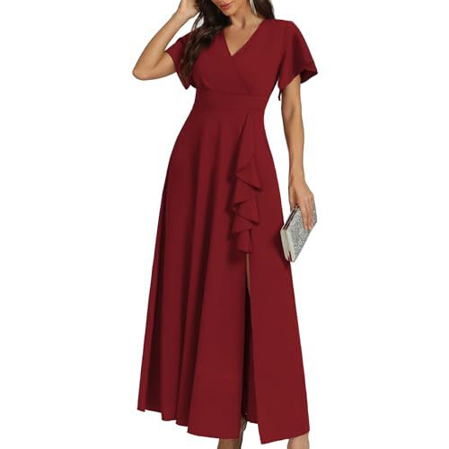 Cross-Border Elegant Fashion V Neck Dress Ruffle Slit V Neck Party Dress Long Cocktail Formal Dress
