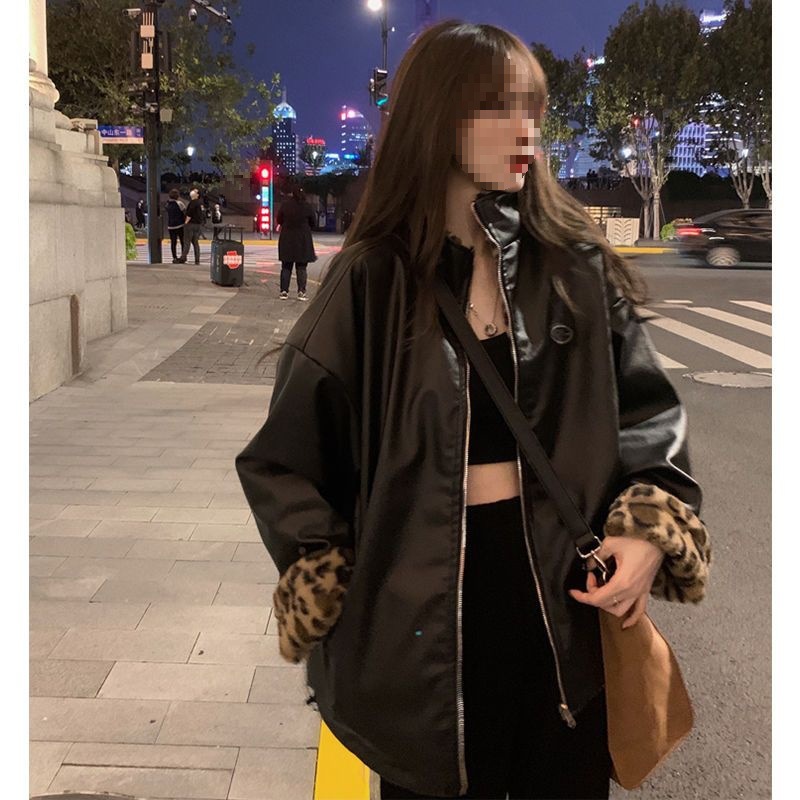 Reversible Pu Leather Motorcycle Jacket Winter New Design Street Style Fleece-Lined Thickeneded Leopard Print Top for Women