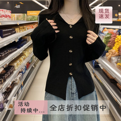 现货女装实拍韩系风秋季设计感长袖V领套头针织衫纽扣不规则下