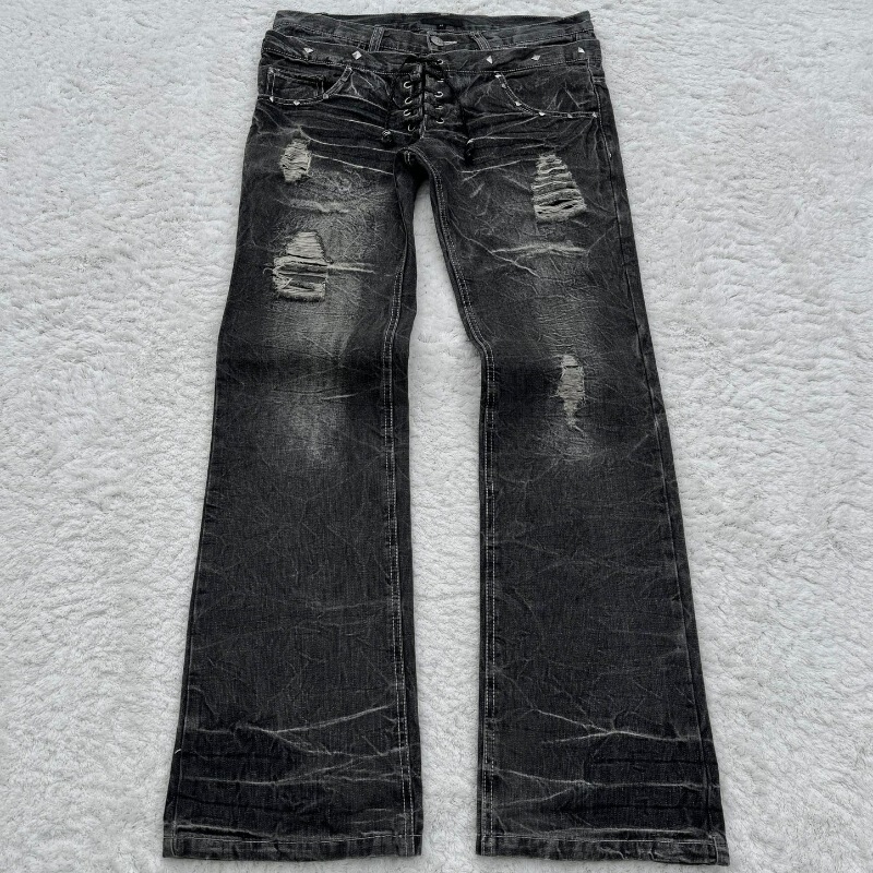European and American Cross-Border Millennium-Style American Retro Washed and Distressed Jeans with Holes, Slightly Flared, Double Waistband Denim Pants European and American Cross-Border Millennium-Style American Retro Washed and Distressed Jeans with Holes, Slightly Flared, Double Waistband Denim Pants