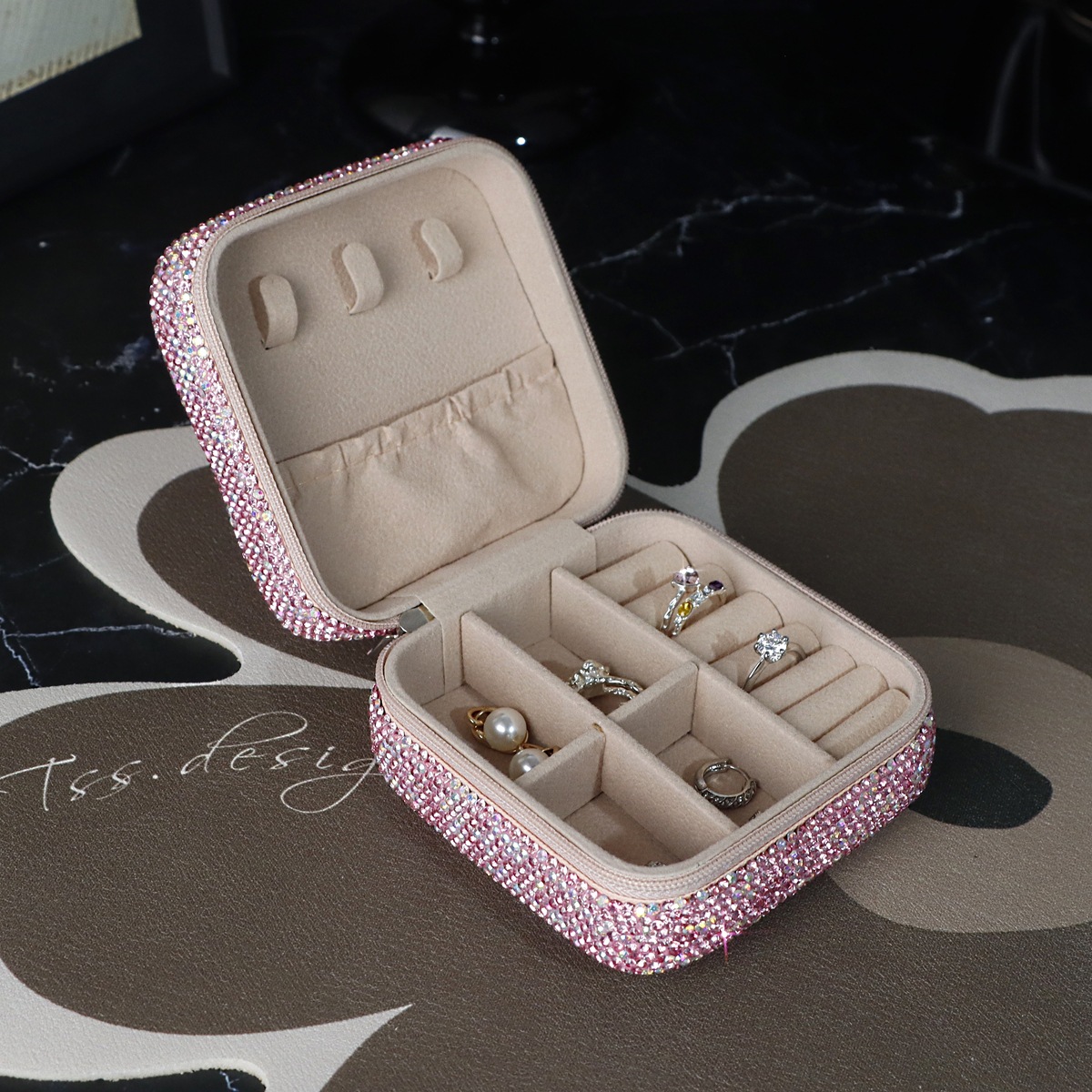 跨境亚马逊shein镶钻珠宝首饰盒高档精致便捷粉钻耳钉耳环饰品盒
