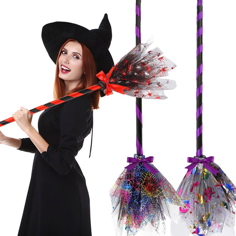 2026 Halloween Decorative Lights Mesh Magic Broom Halloween Party Decoration Props Glowing Witch Broom
