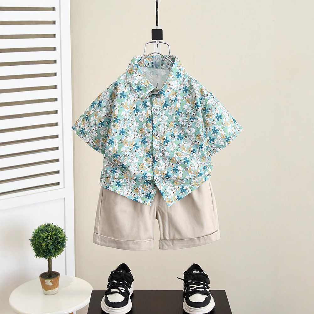 7917 Traje de verano para niños 2025 Nuevo estilo Camisa de playa floral de verano para bebés Traje de dos piezas de manga corta para niños