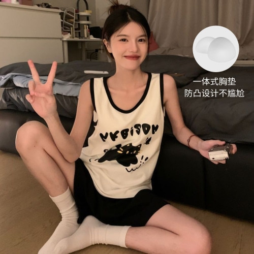 女性のための夏の新しいスタイルのパジャマ、胸パッド付きベストショーツツーピーススーツ、女の子のかわいい漫画のホーム服、アウターウェア|undefined