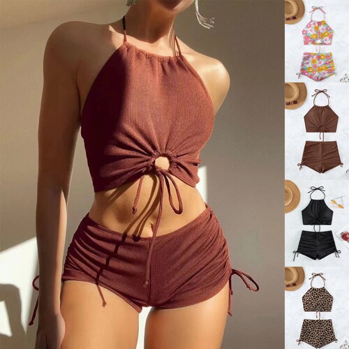 European and American style swimsuit, women's conservative bikini, solid color Huludao swimwear, sexy backless bikini for swimming