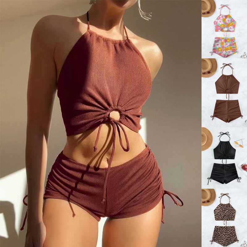 European and American Swimsuit Women's Hot Spring Conservative Bikini Foreign Trade Solid Color Huludao Swimsuit Bikini Sexy Backless Swimsuit