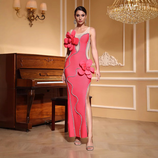 Hot-Selling Foreign Trade Heavy-Duty Rhinestone Three-Dimensional Floral Sequin Bandage Dress for Women with Slit, Slim-Fit Evening Gown ​