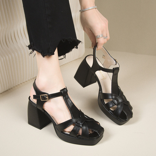 Roman sandals for women, thick sole summer open-toe sandals with holes, French retro water-resistant platform high heels for women