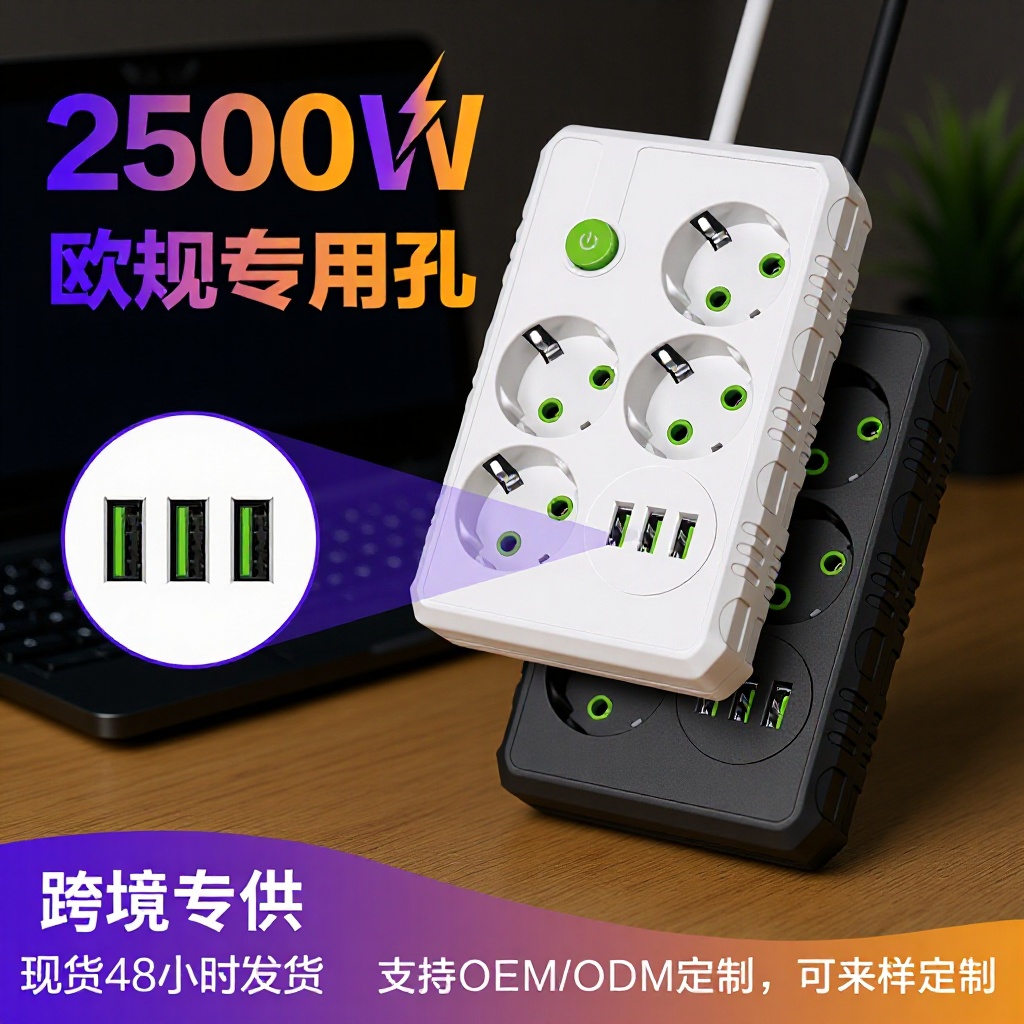 欧式带开关插座德国多口USB排插家用230V德标圆孔4位欧规插座供应