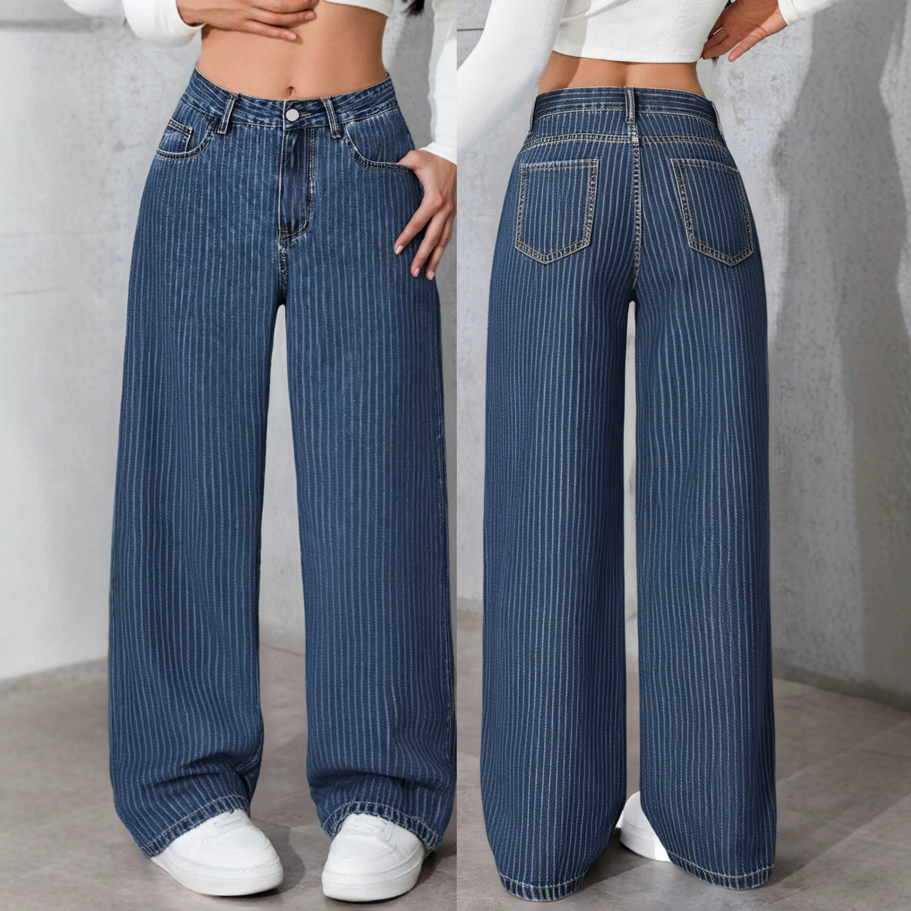 Women's High-Waisted Straight Leg Jeans Size 26 Sweet And Spicy Style Casual Striped Trousers Top Selling_mkmklike.com