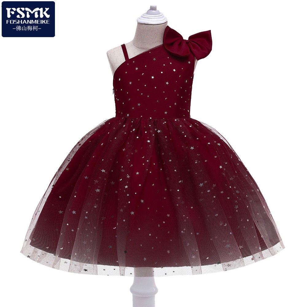 2024 europeo y americano nuevo vestido infantil Correa fuera del hombro cielo estrellado vestido de malla flor niña princesa vestido de los niños vestido de rendimiento