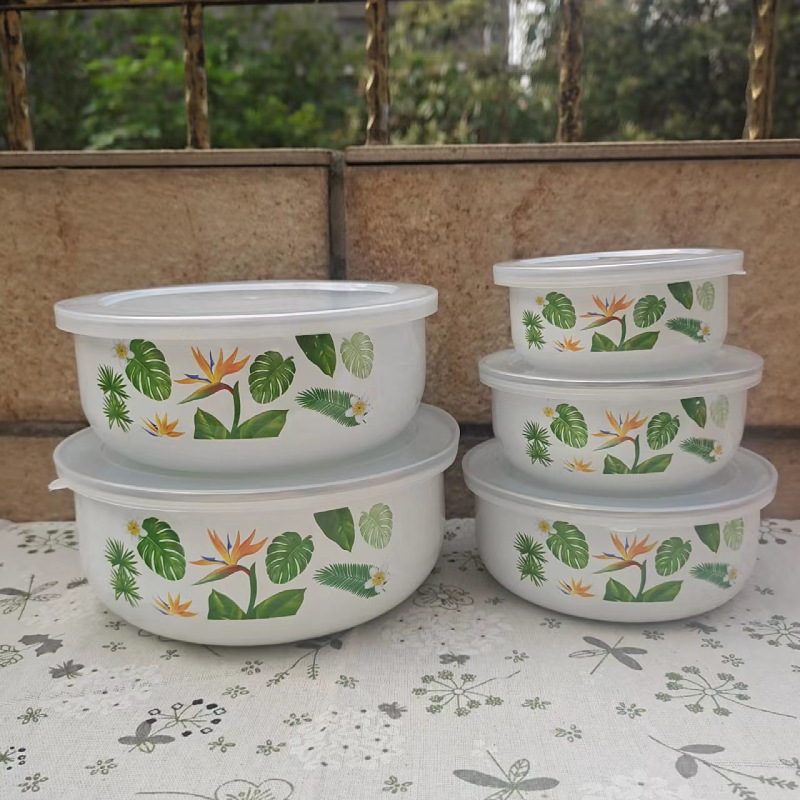 Esmalte de esmalte con tapa hogar fresco mezclado ensalada frutero refrigerador almacenamiento apilable 5 piezas tazón de arroz tazón de sopa