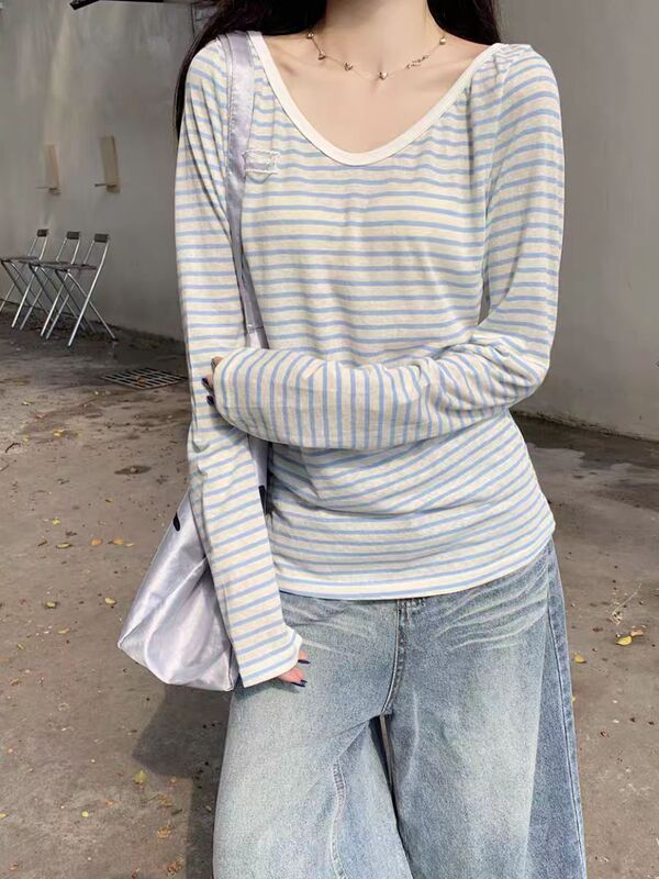 韩系甜美风气质条纹v领防晒罩衫女夏季设计感学院风百搭辣妹上衣|undefined